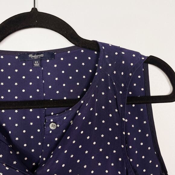 Madewell XSmall Navy Blue Silk Composition Tank Top Dots and Stars Split VNeck - Picture 3 of 8